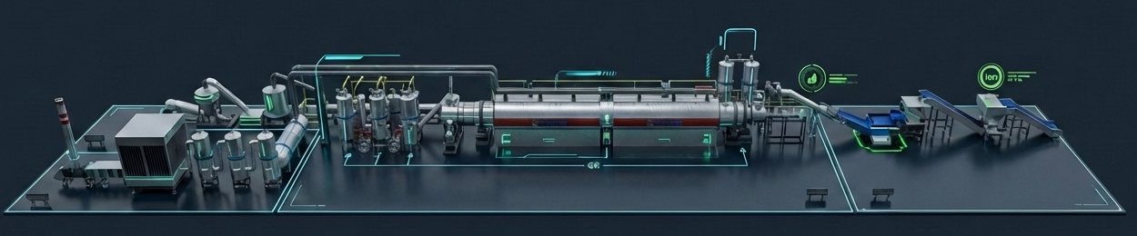 3D-Modell einer kompletten Anlage für Reifen-Pyrolyse, Öl-Aufwertung und rCB-Produktion